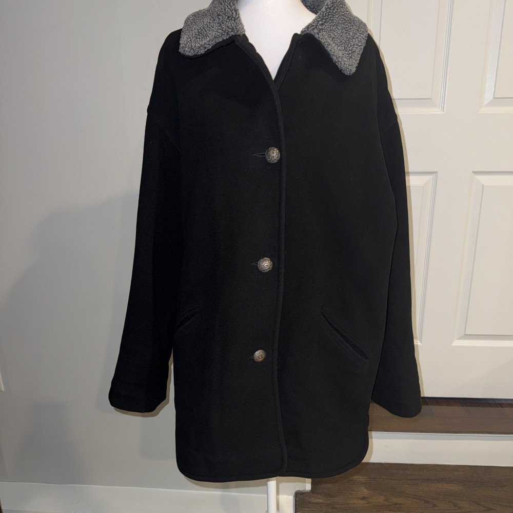 J. Jill Black Wool Cashmere Blend Coat Faux‎ Shearling Collar Crest Buttons M